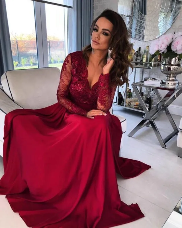 Long-Sleeve V-Neck Lace Prom Dress With Slit