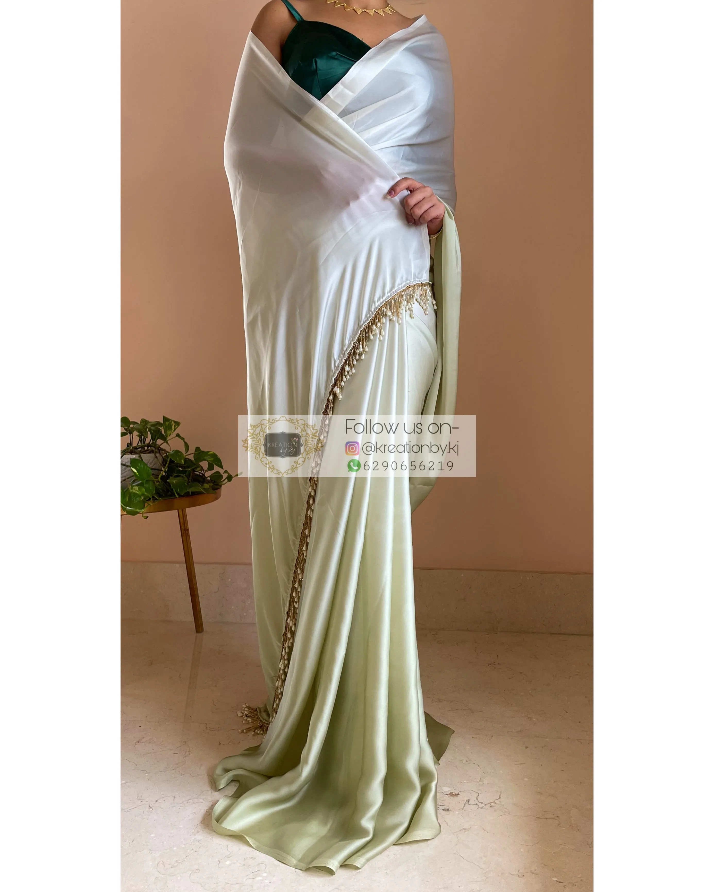 Matcha Green Ombré Crepe Silk Saree with Handmade Tassels on Pallu