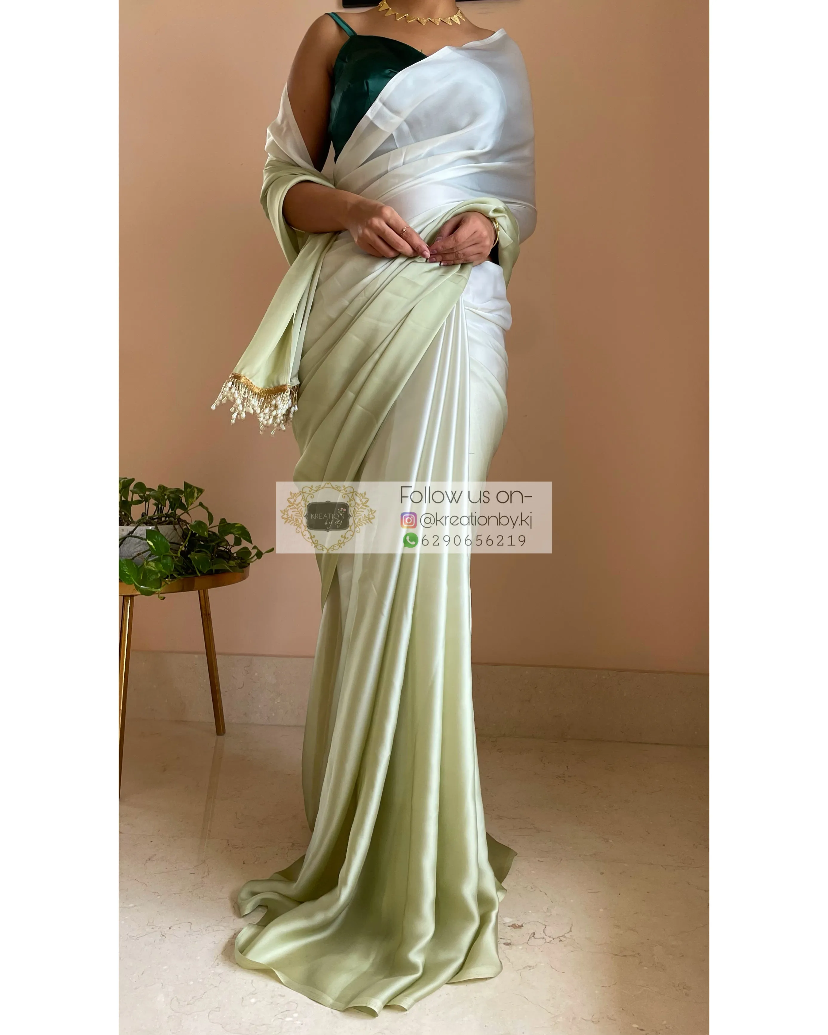 Matcha Green Ombré Crepe Silk Saree with Handmade Tassels on Pallu