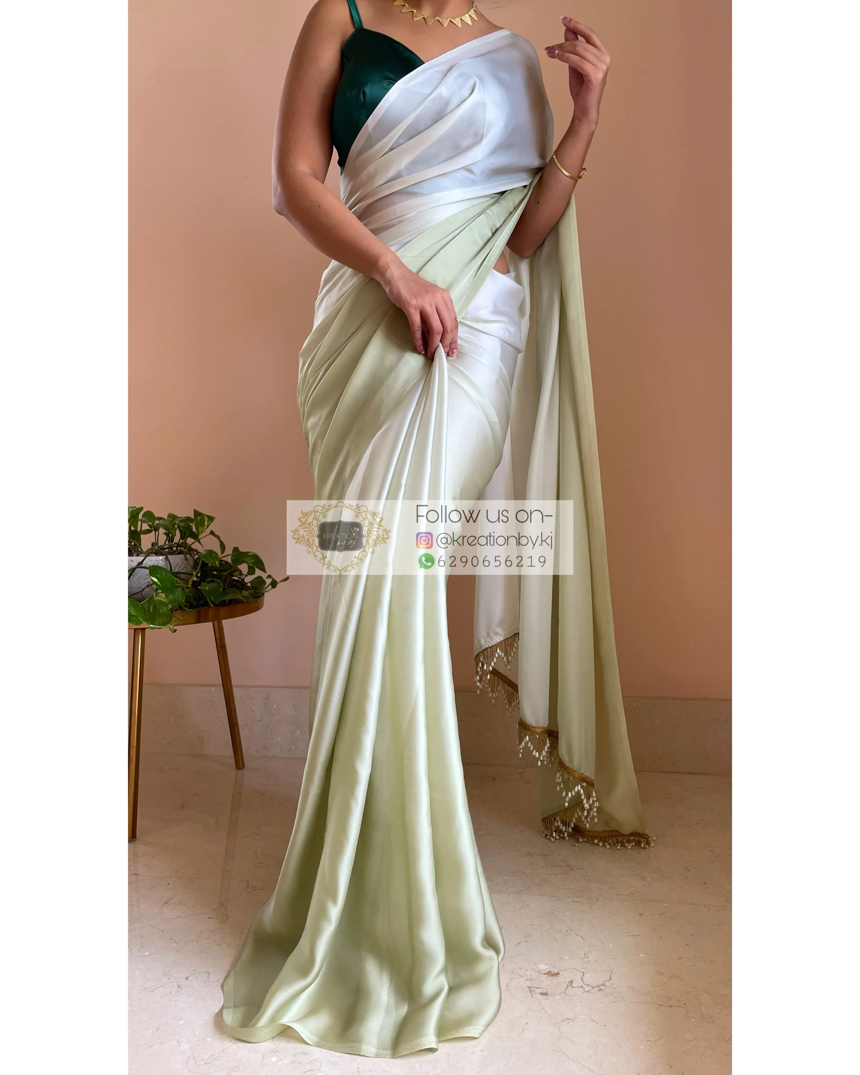 Matcha Green Ombré Crepe Silk Saree with Handmade Tassels on Pallu