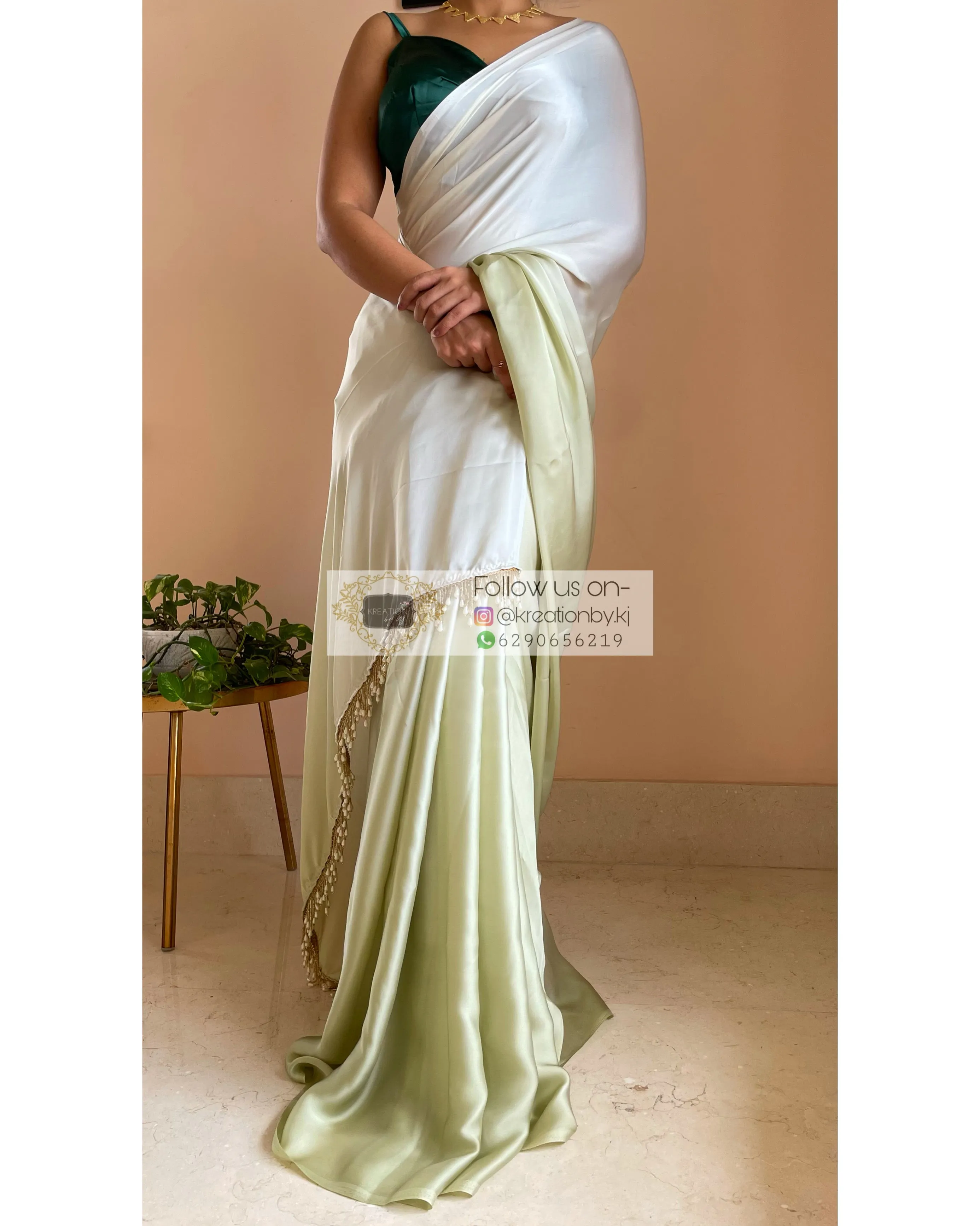 Matcha Green Ombré Crepe Silk Saree with Handmade Tassels on Pallu