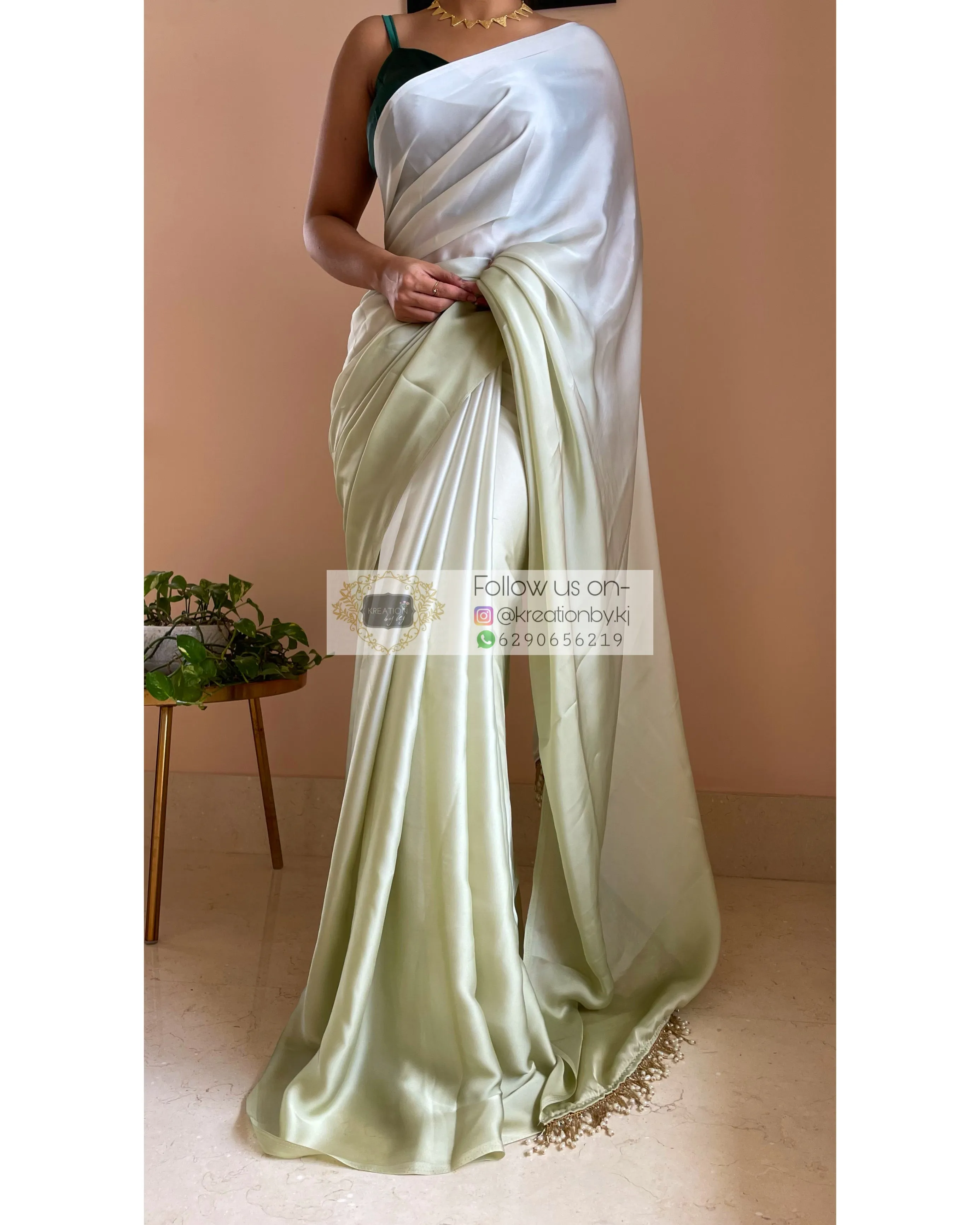 Matcha Green Ombré Crepe Silk Saree with Handmade Tassels on Pallu