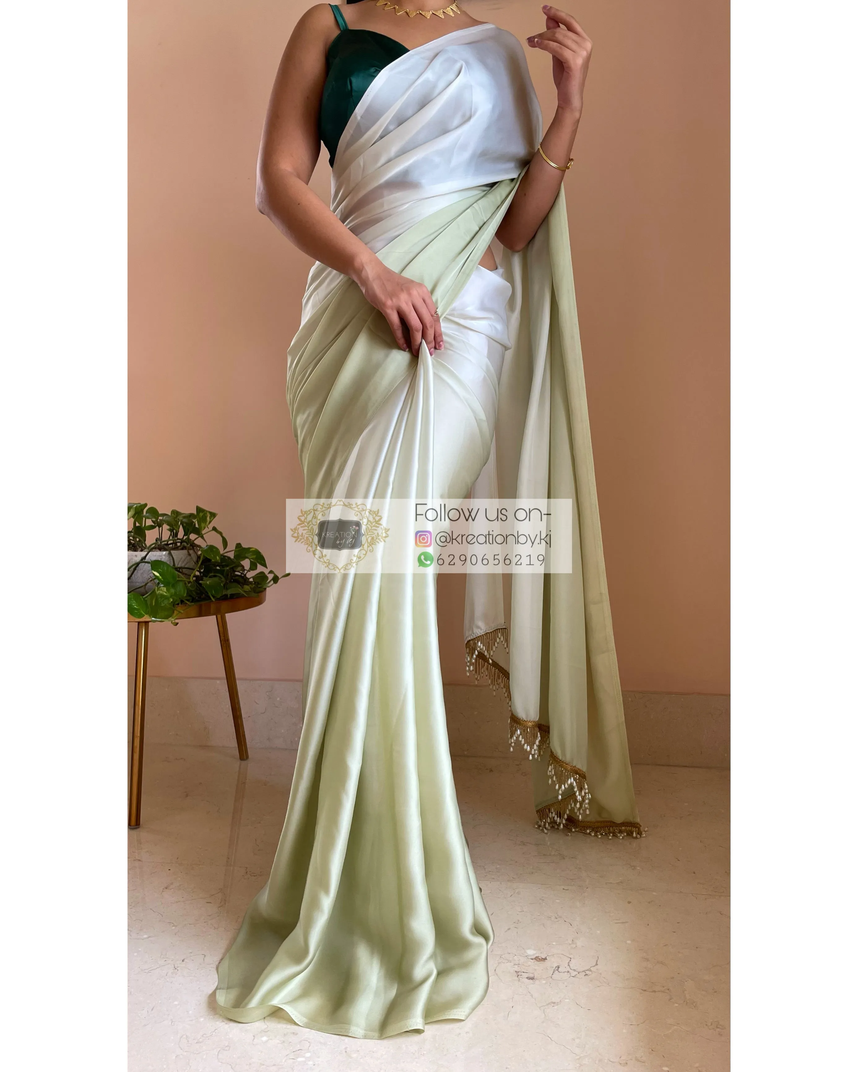 Matcha Green Ombré Crepe Silk Saree with Handmade Tassels on Pallu