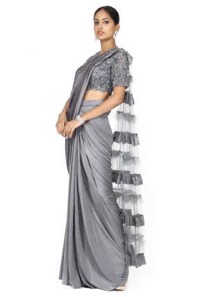 Metallic silver drape saree.