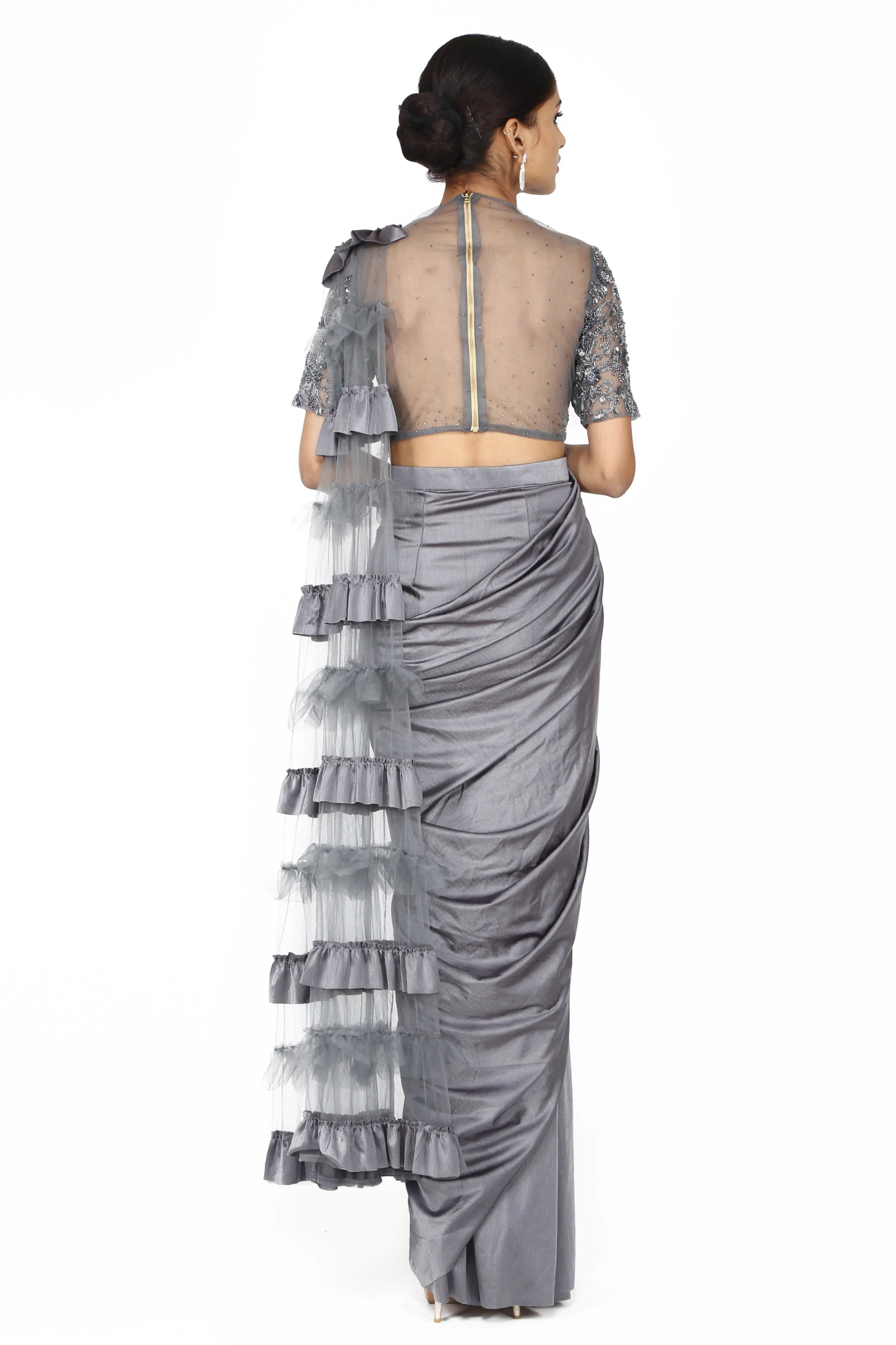 Metallic silver drape saree.