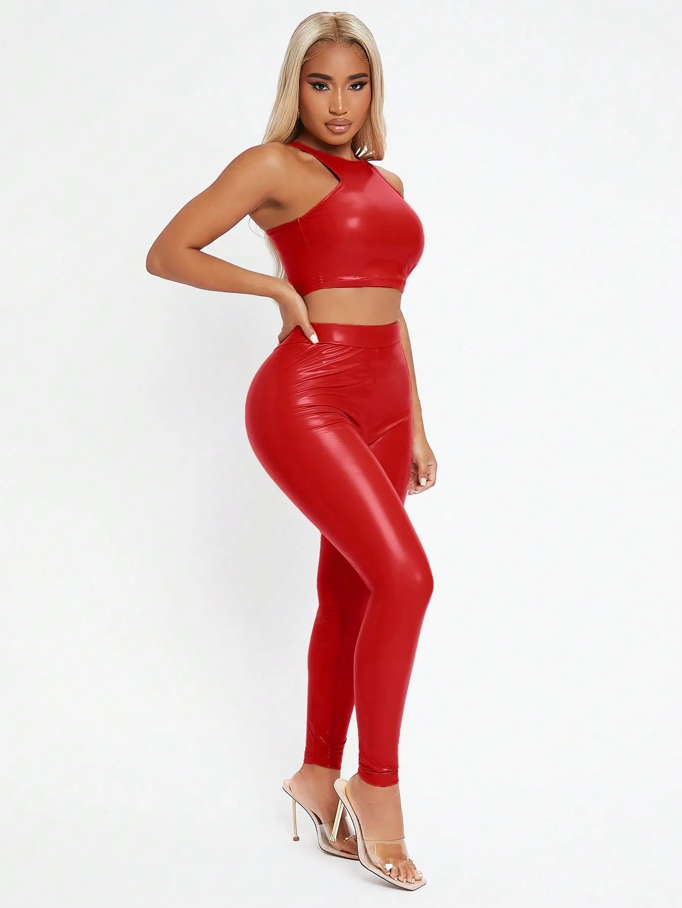 Mock Neck PU Leather Tank Top Leggings Set