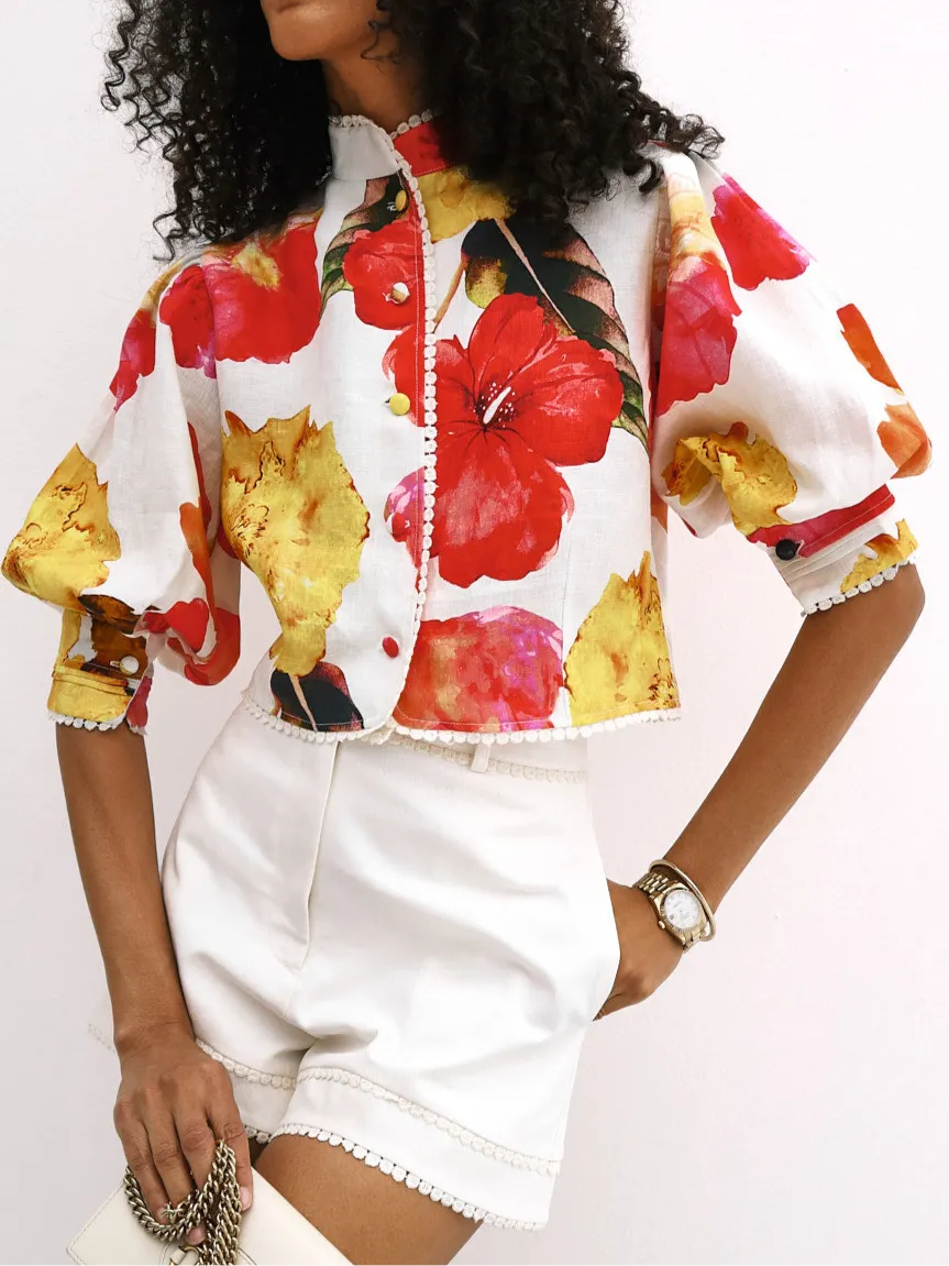 Neve Floral Linen Blend Summer Blouse | Red Floral