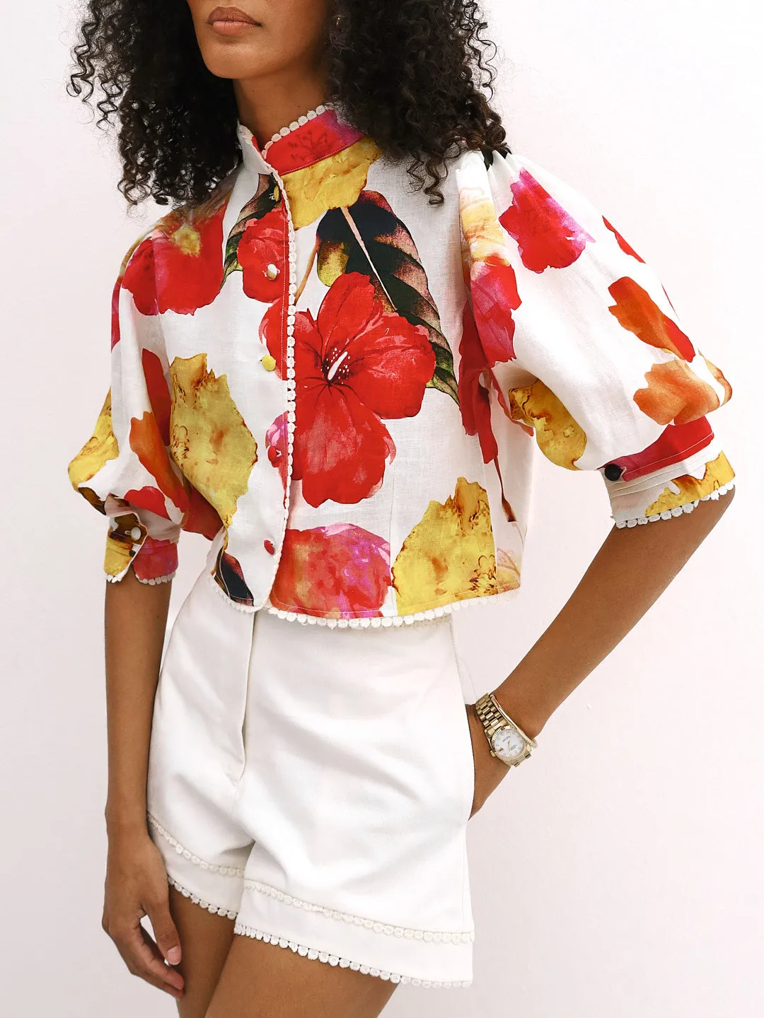 Neve Floral Linen Blend Summer Blouse | Red Floral