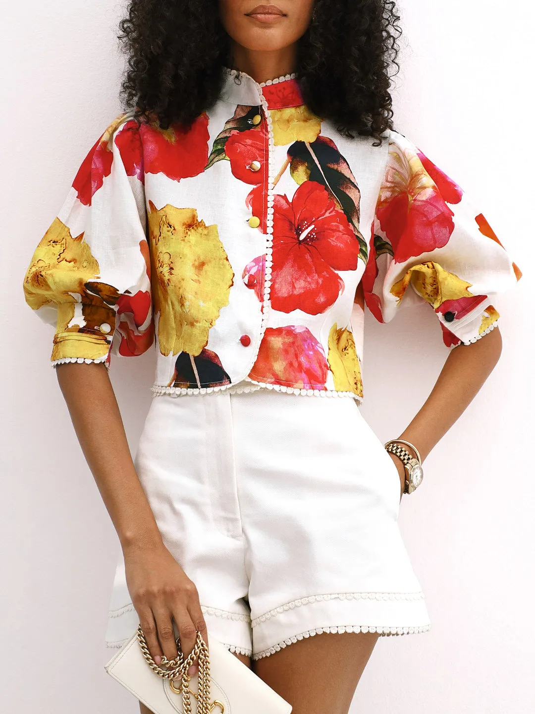 Neve Floral Linen Blend Summer Blouse | Red Floral