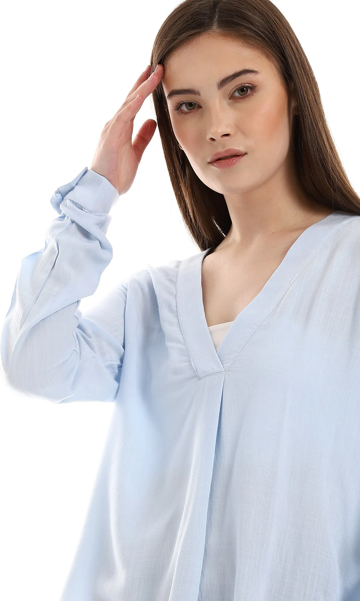 O165020 Textured High Low Baby Blue Blouse