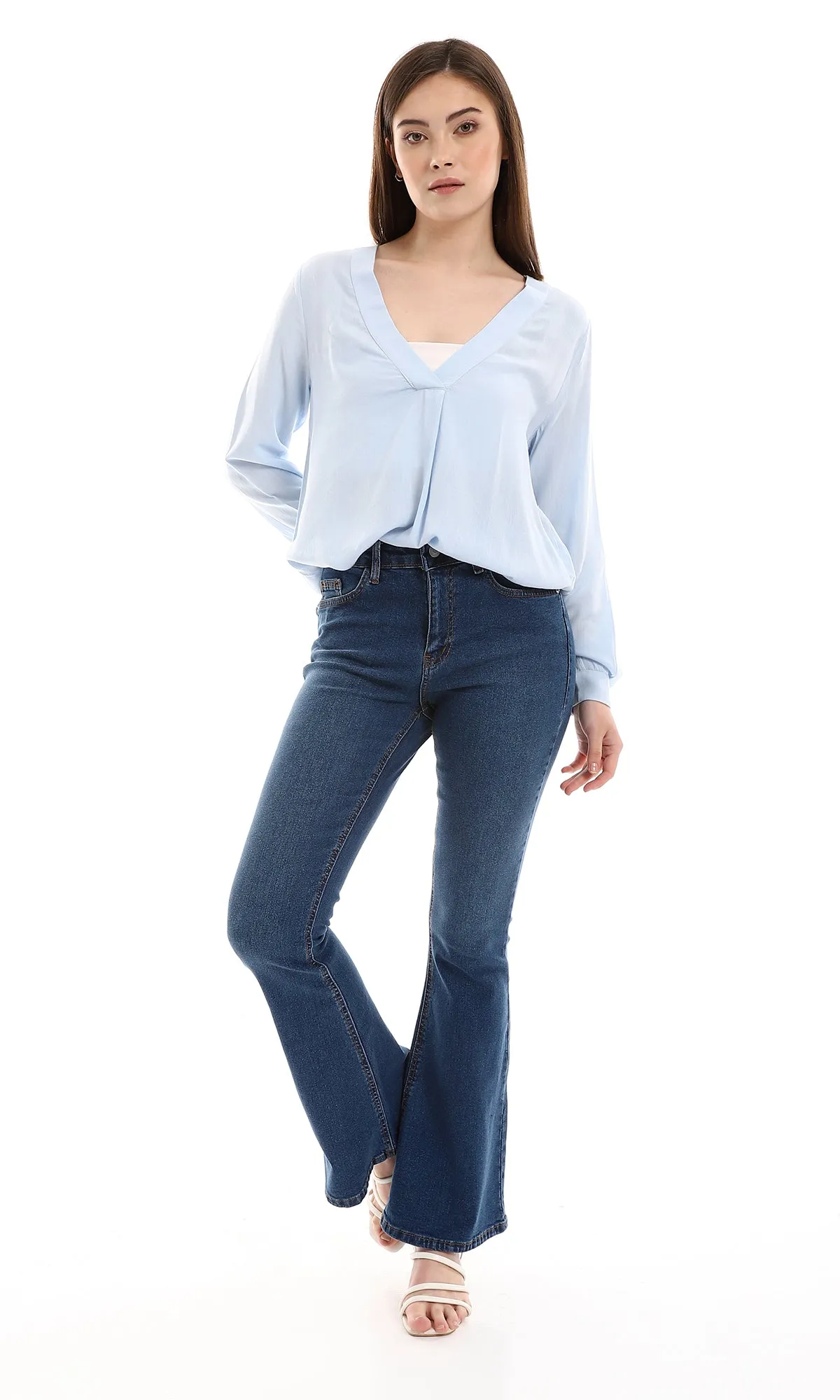 O165020 Textured High Low Baby Blue Blouse