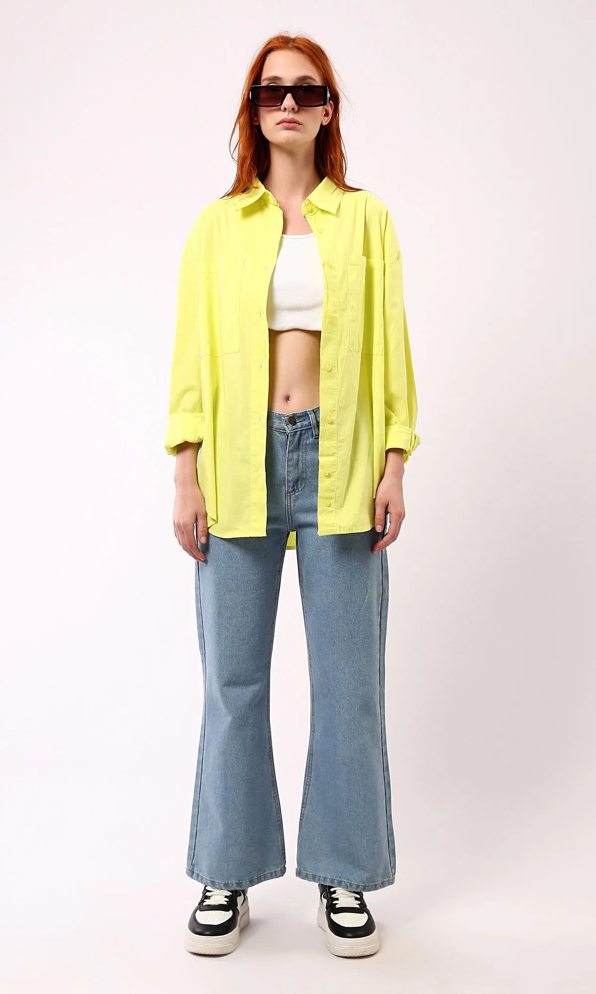 O177908 Full Buttons Down Neon Yellow Loose Shirt