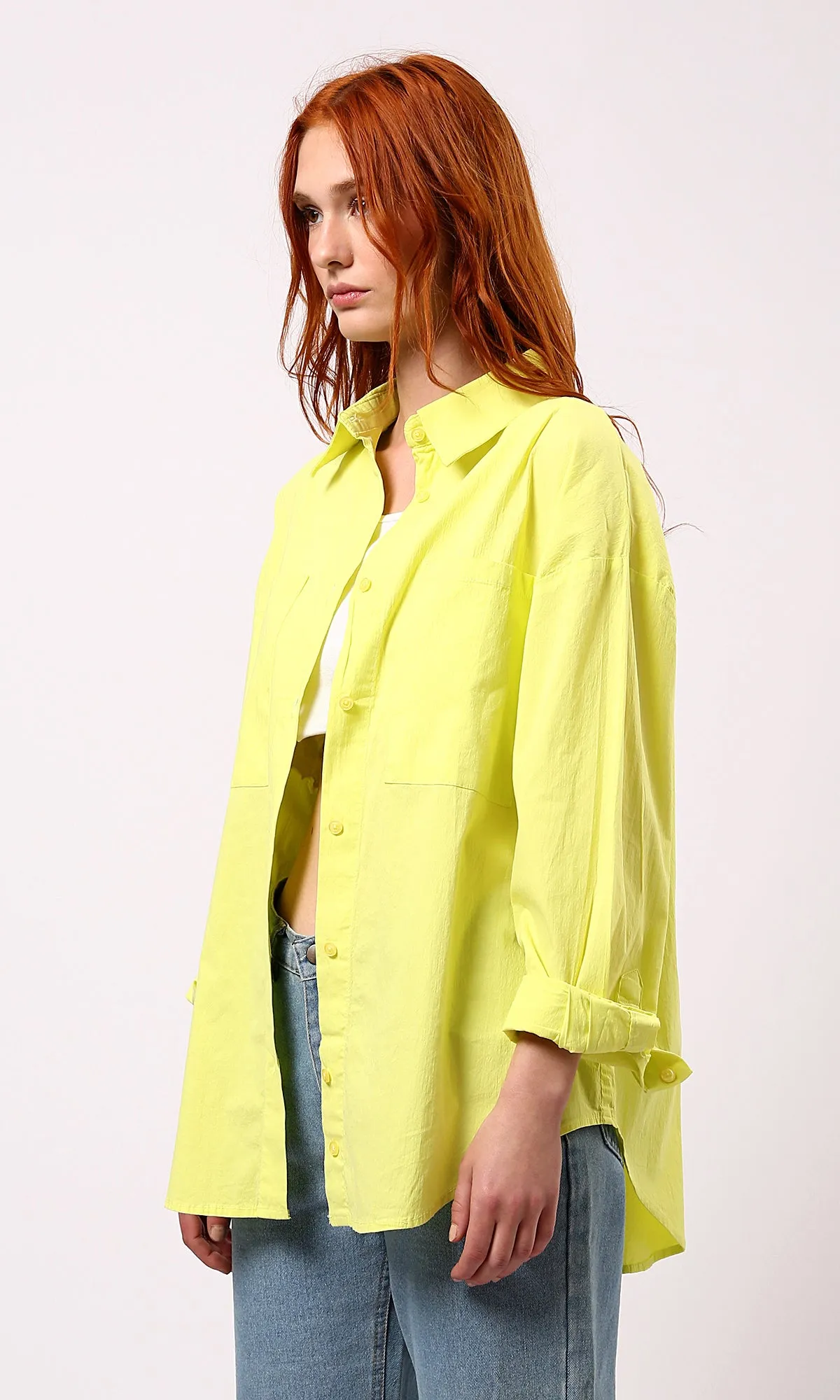 O177908 Full Buttons Down Neon Yellow Loose Shirt