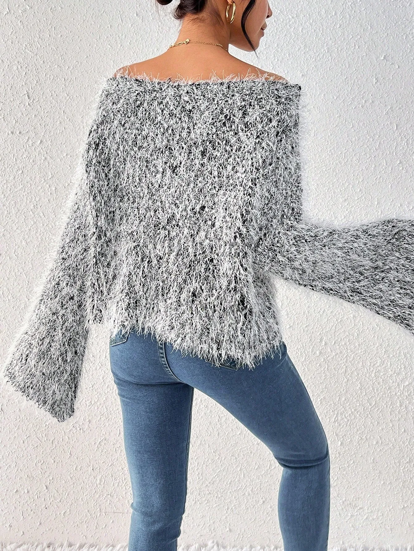 Off the Shoulder Fluffy Knit Sweater