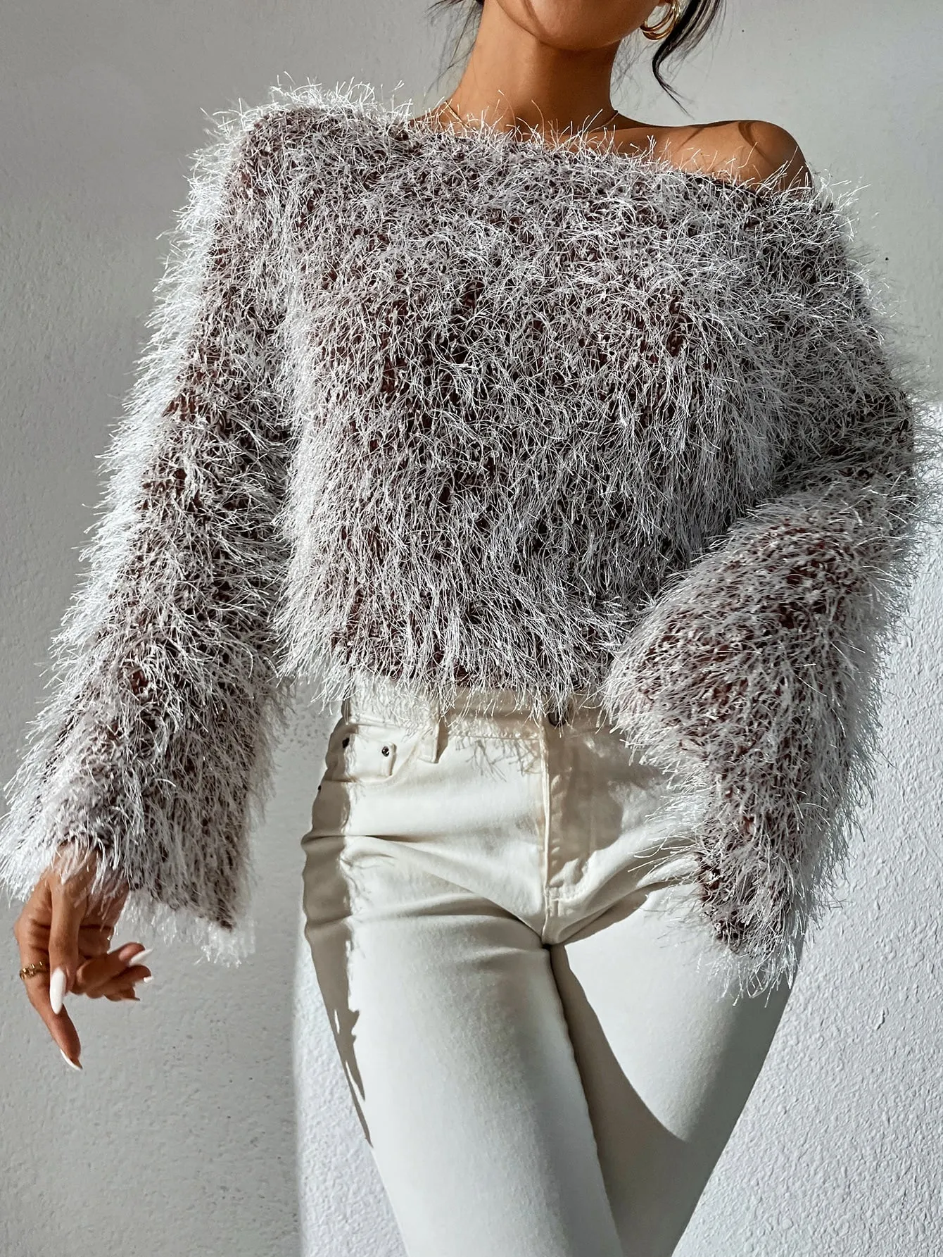 Off the Shoulder Fluffy Knit Sweater