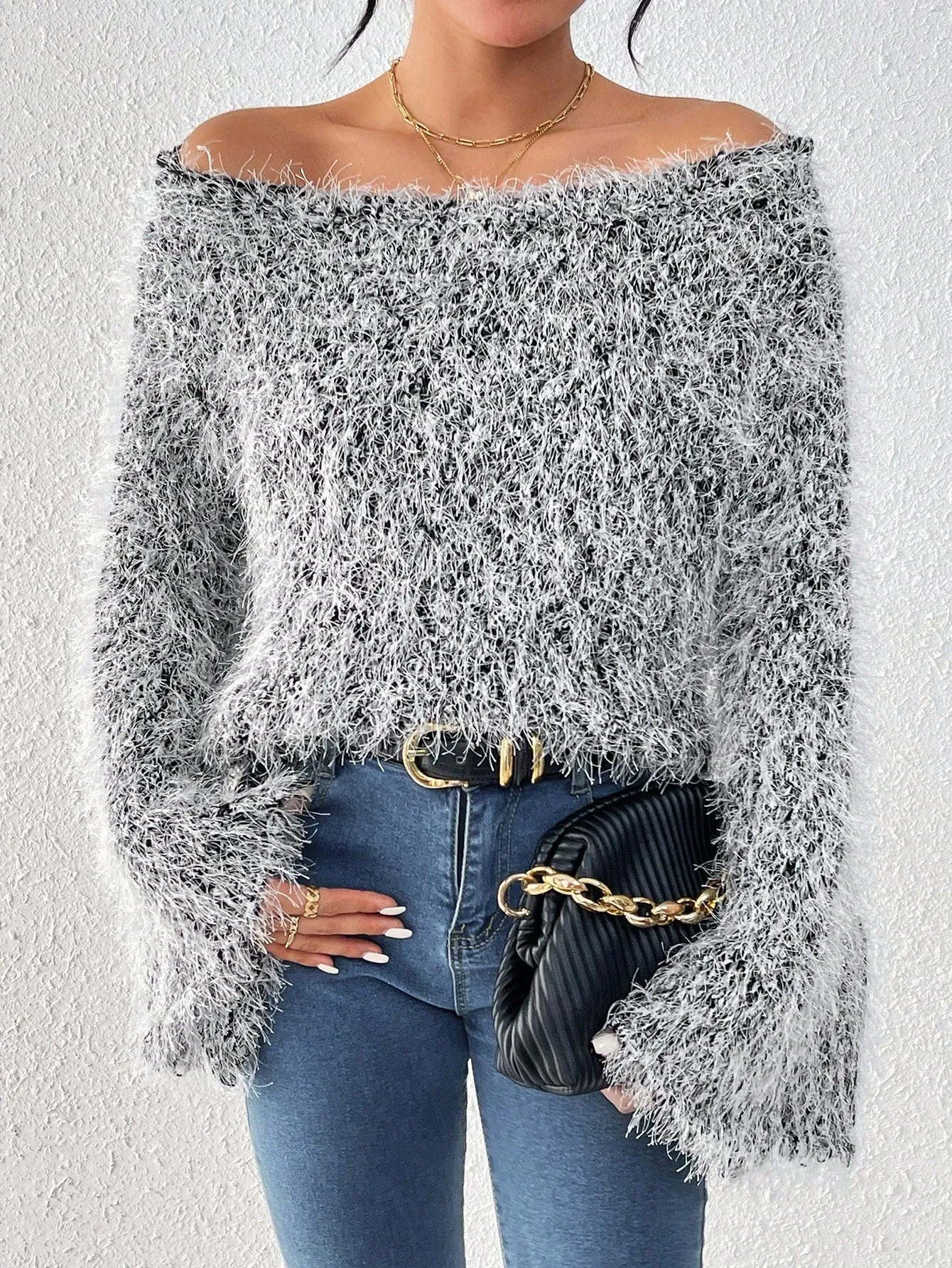 Off the Shoulder Fluffy Knit Sweater