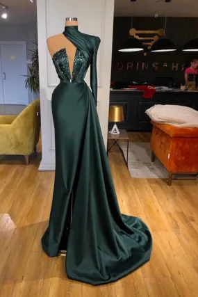 One Shoulder Long Prom Dress With Sequins in Dark Green