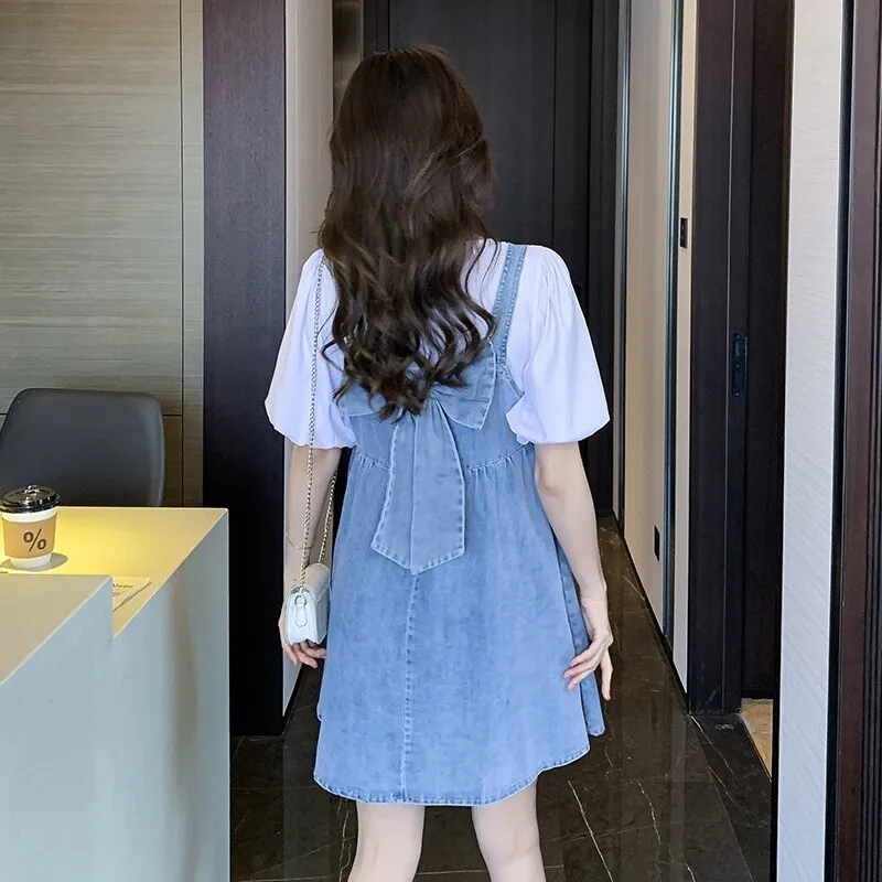 Outfit-Set: Denim Dress With Bow   Tee With Puff Sleeves