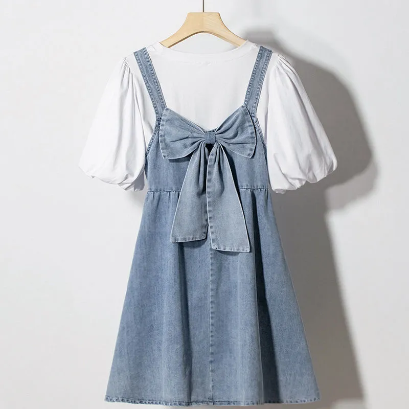 Outfit-Set: Denim Dress With Bow   Tee With Puff Sleeves