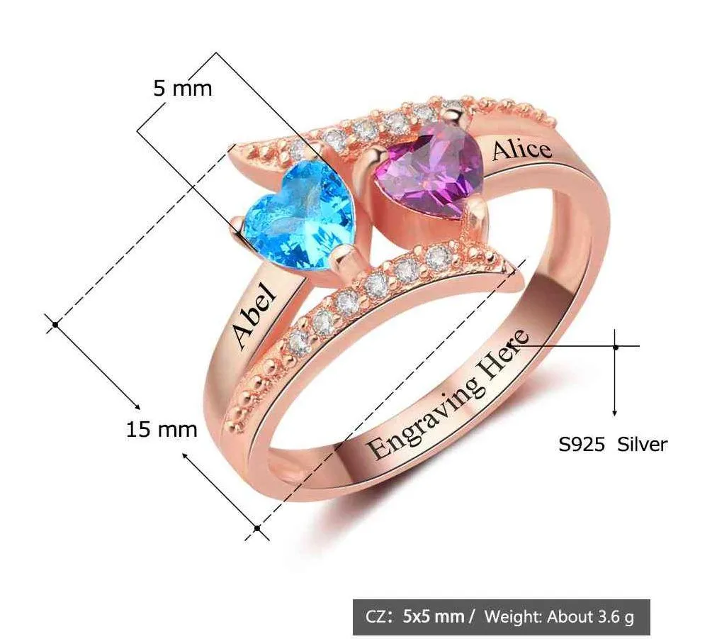 Personalized Rose Gold Mothers Ring 2 Stone 2 Engraved Names Vintage Design