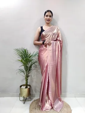 Pink Gold Ready to Wear Shimmer Satin Silk Pre Draped Sari