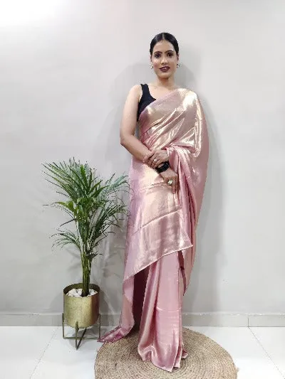 Pink Gold Ready to Wear Shimmer Satin Silk Pre Draped Sari