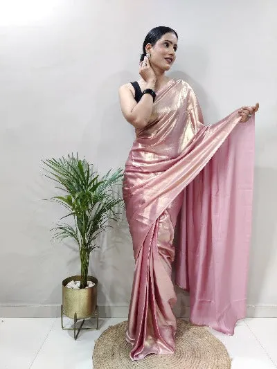 Pink Gold Ready to Wear Shimmer Satin Silk Pre Draped Sari