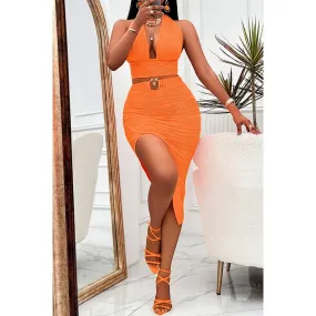 Plunging Samera Ring Out Skirt Set -Orange