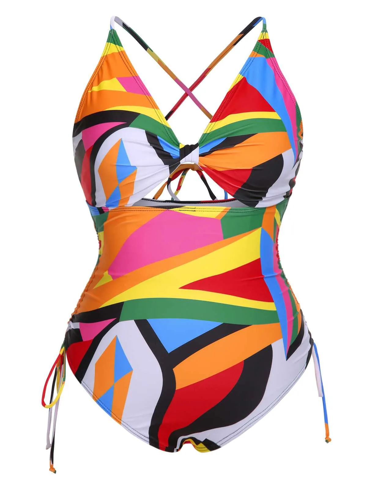 [Plus Size] Multicolor 1940s Print One-Piece Swimsuit