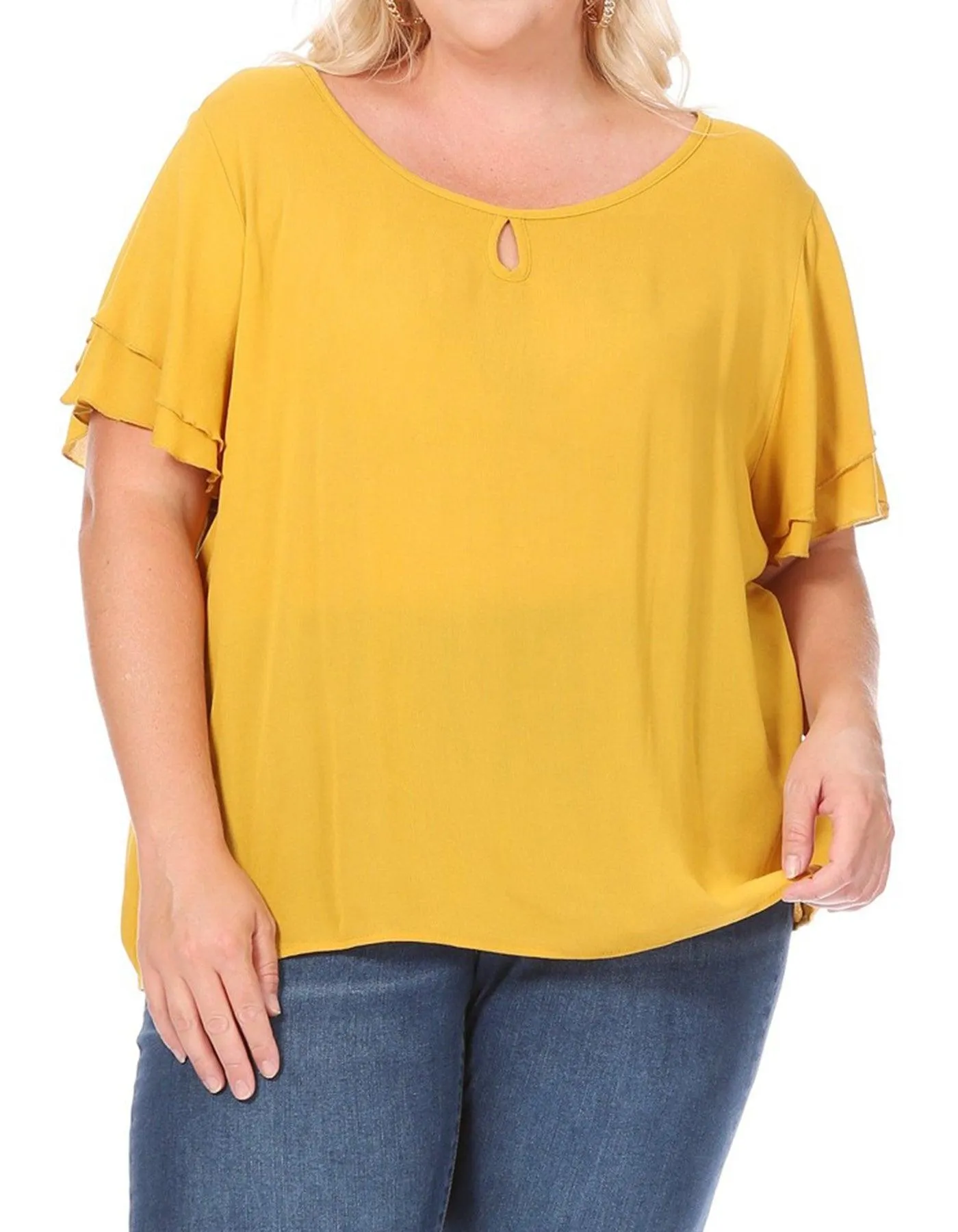 Plus Size Solid Flowy Short Flutter Sleeve Round Neck Key Hole Tee Blouse Top