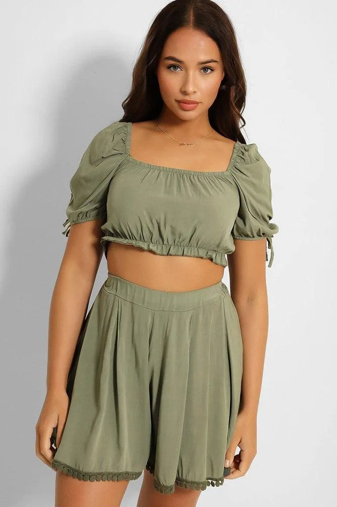 Puff Sleeve Crop Top And Pleated Shorts Set