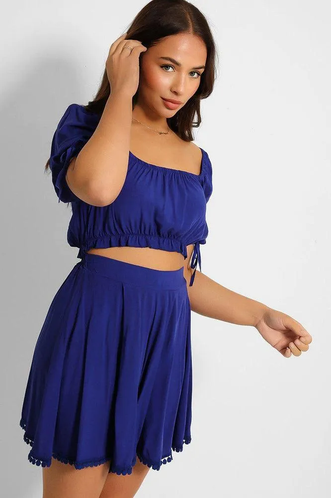 Puff Sleeve Crop Top And Pleated Shorts Set