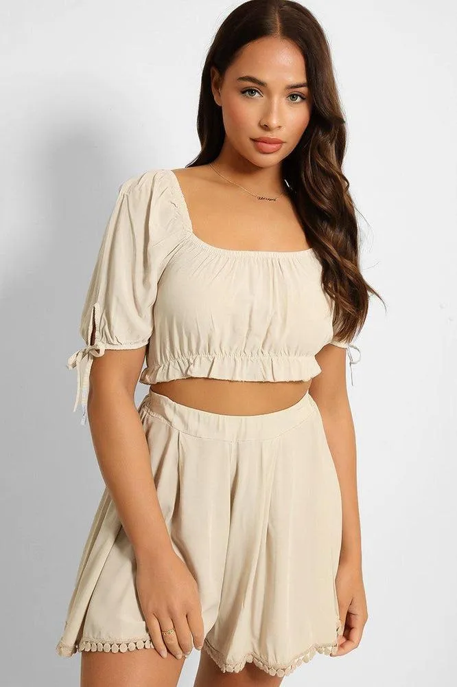 Puff Sleeve Crop Top And Pleated Shorts Set