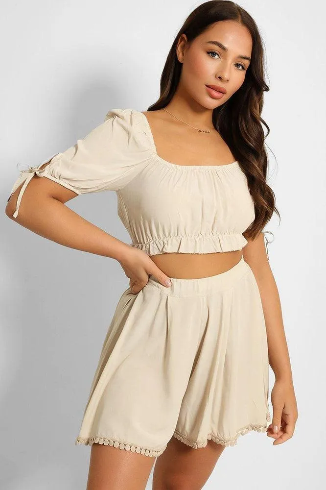 Puff Sleeve Crop Top And Pleated Shorts Set