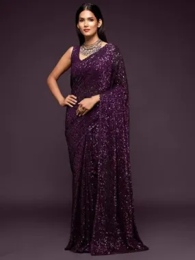 Purple Georgette Sequence Work Partywear Saree