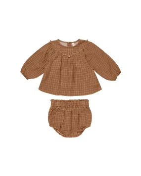 Quincy Mae - Cinnamon Grid Balloon Sleeve Blouse   Bloomer Set LAST ONE 0-3m