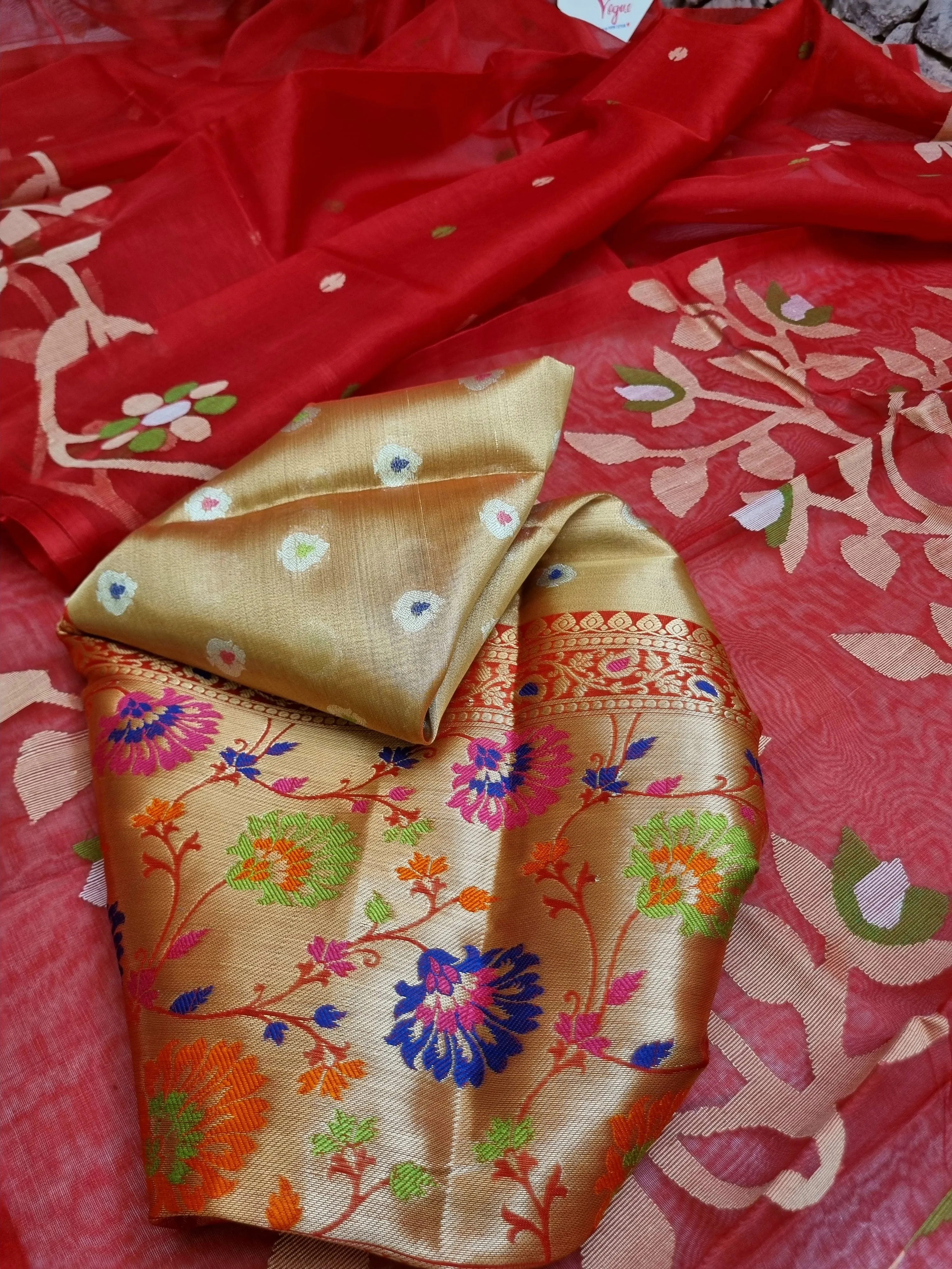 Red Color Muslin Jamdani Saree with Tissue Banarasi Blouse Piece