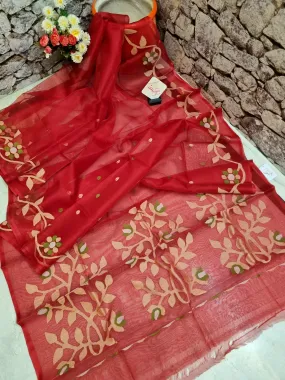 Red Color Muslin Jamdani Saree with Tissue Banarasi Blouse Piece