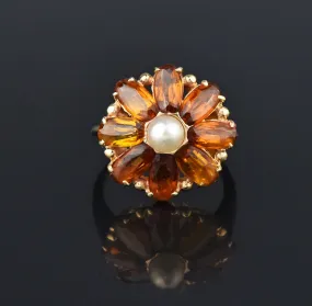 Retro Citrine Pearl 14K Gold Daisy Ring, Sz 7