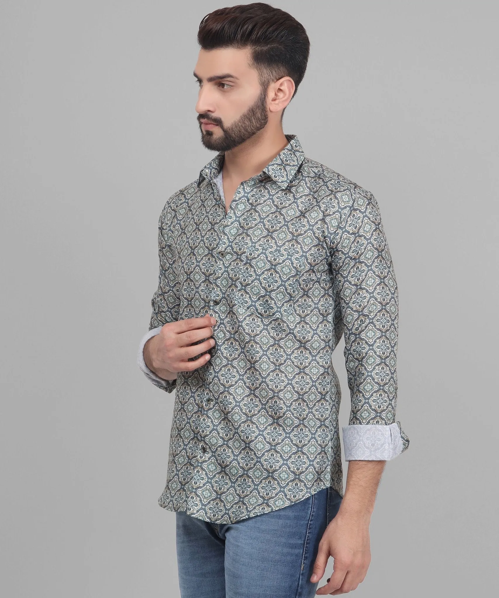 Retro Full Sleeve Printed Casual Cotton Button-Up Shirt For Men