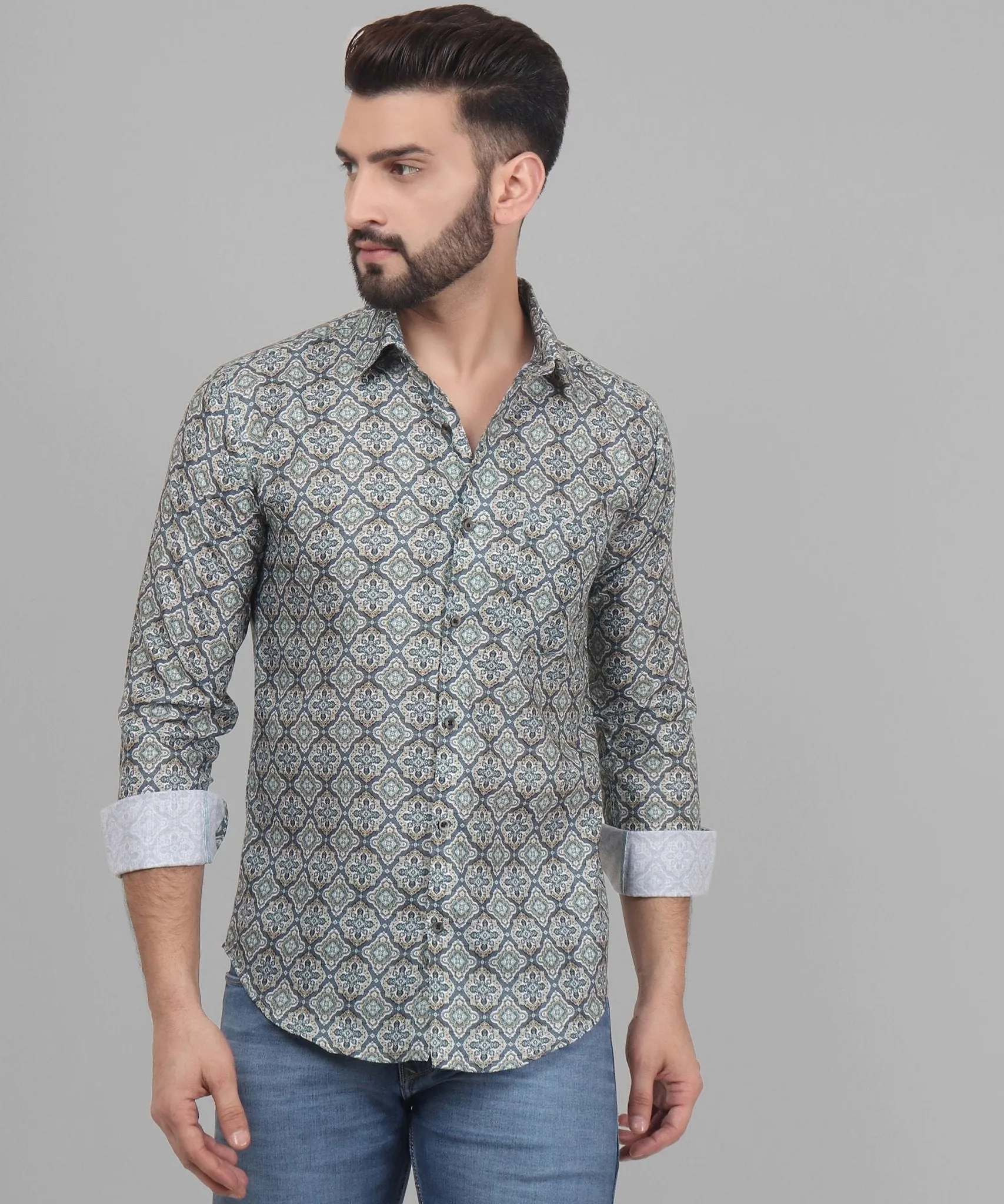 Retro Full Sleeve Printed Casual Cotton Button-Up Shirt For Men