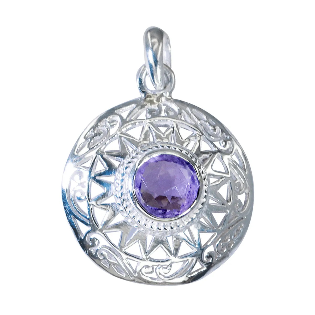 Riyo Aesthetic Gemstone Round Faceted Purple Amethyst 1002 Sterling Silver Pendant Gift For Good Friday