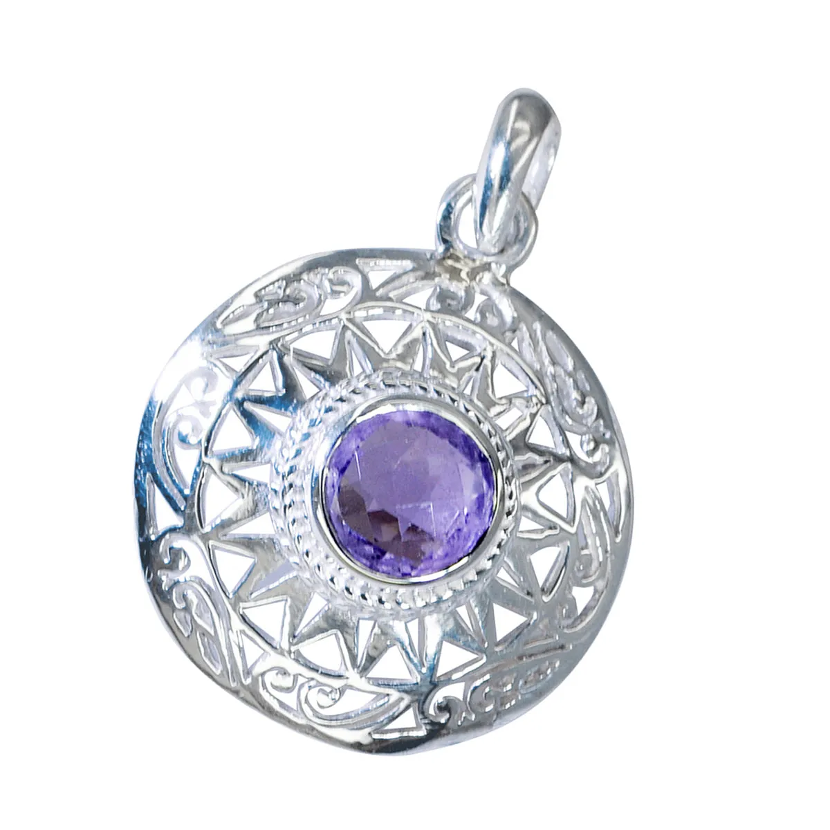 Riyo Aesthetic Gemstone Round Faceted Purple Amethyst 1002 Sterling Silver Pendant Gift For Good Friday