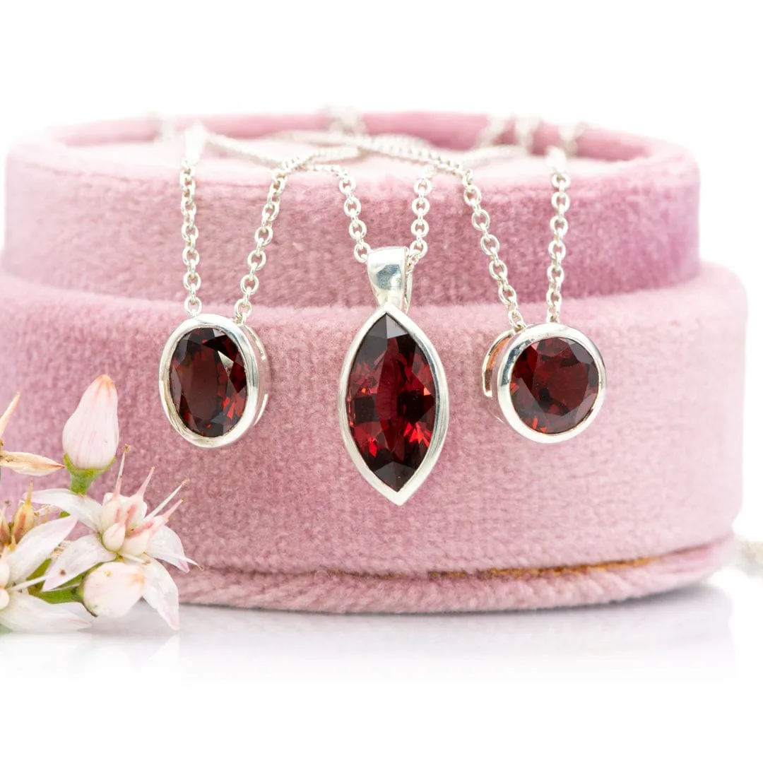 Round Garnet Sterling Silver Slide Pendant Necklace, Ready to Ship