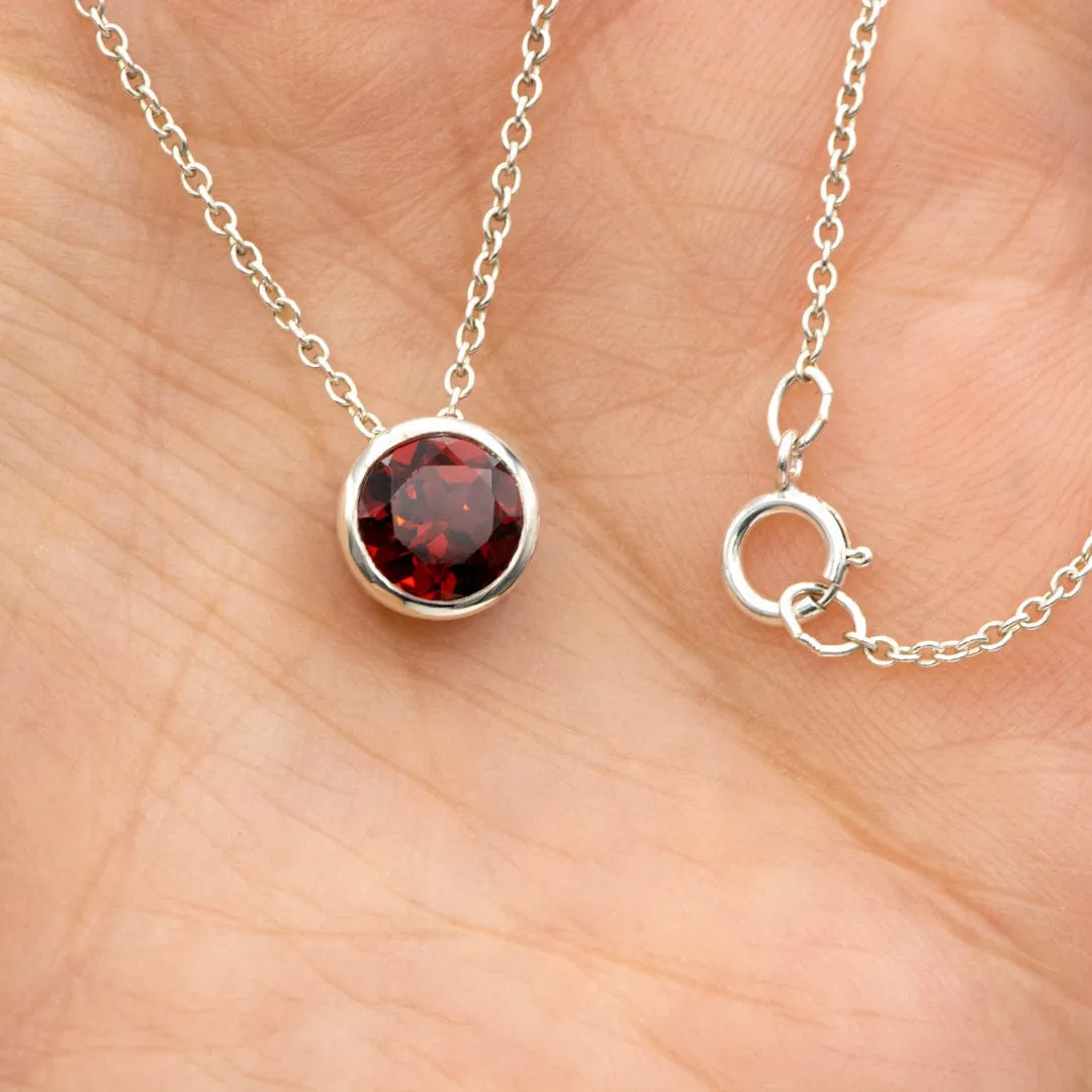 Round Garnet Sterling Silver Slide Pendant Necklace, Ready to Ship