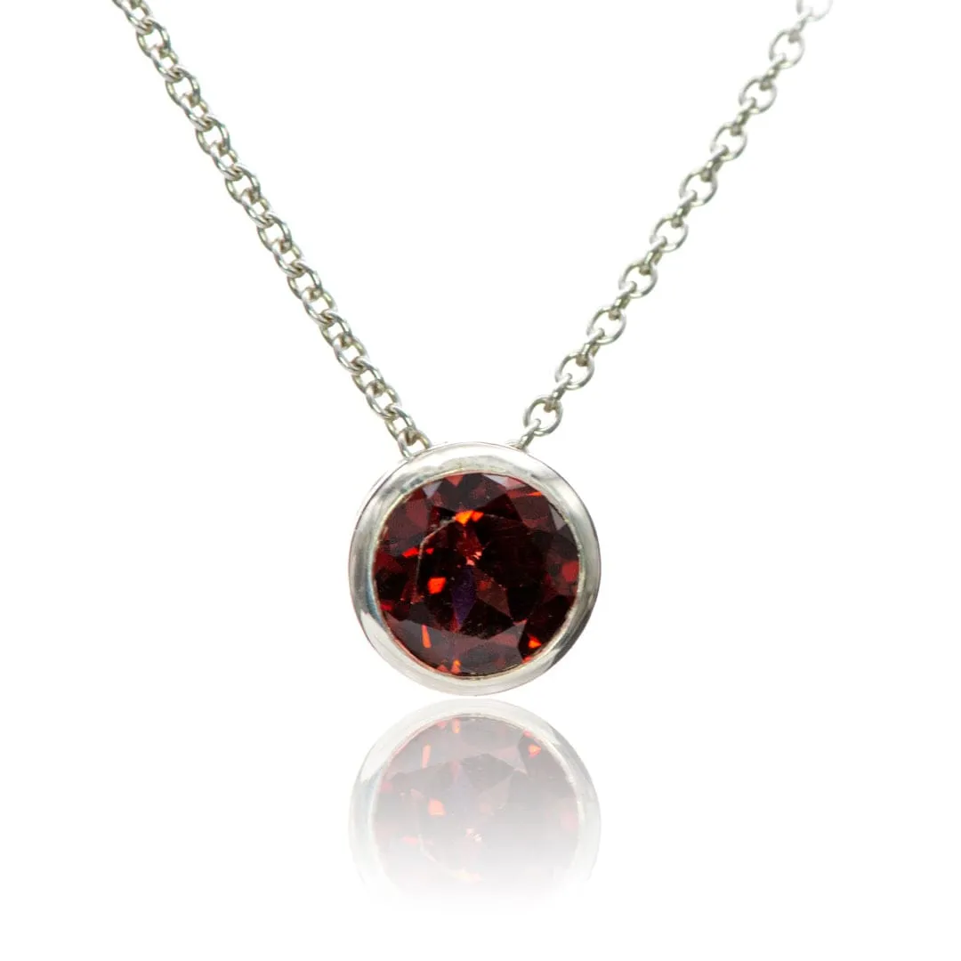 Round Garnet Sterling Silver Slide Pendant Necklace, Ready to Ship