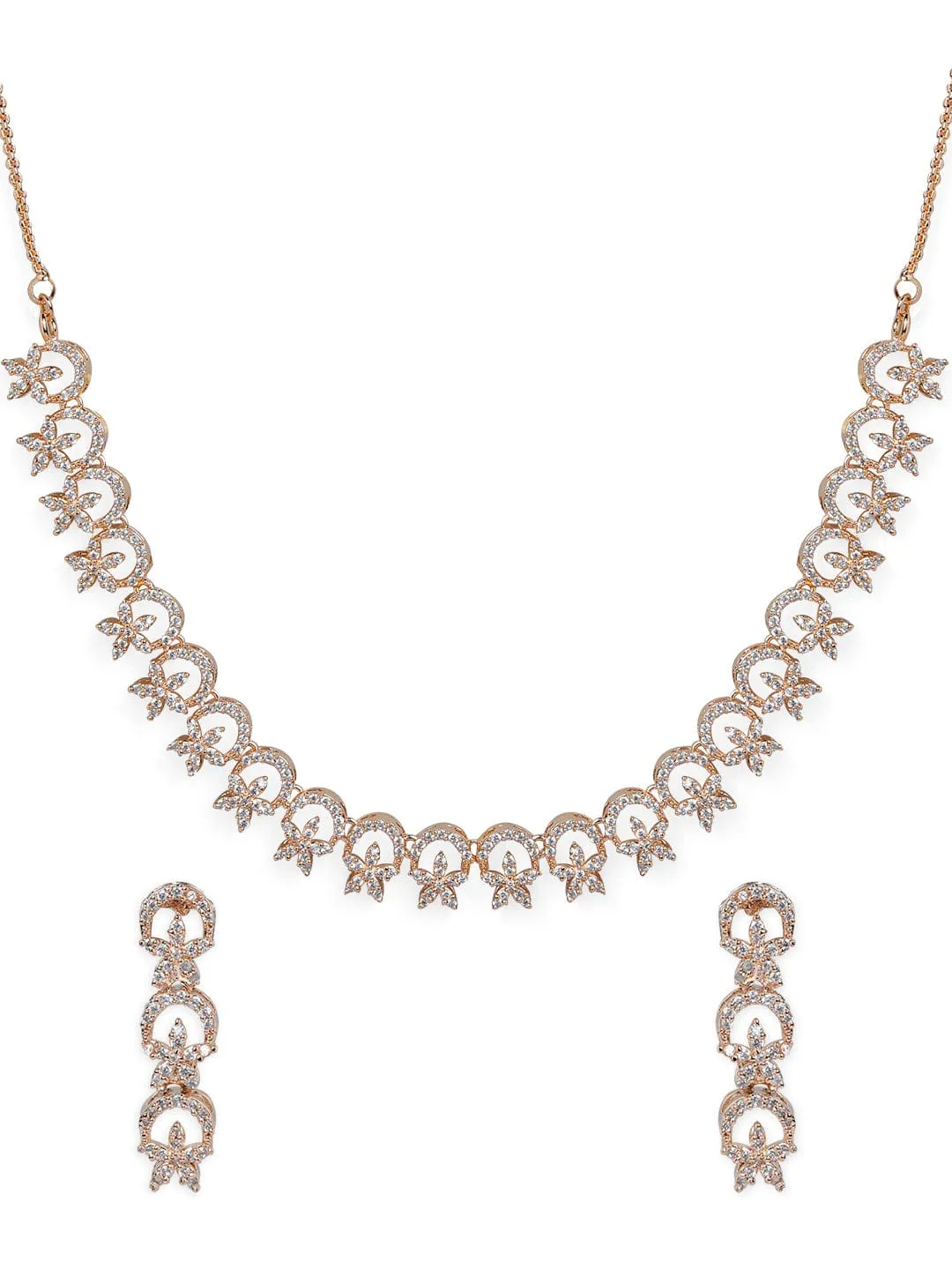 Rubans Contemporary Rose Gold Toned Necklace Set in CZ Stone