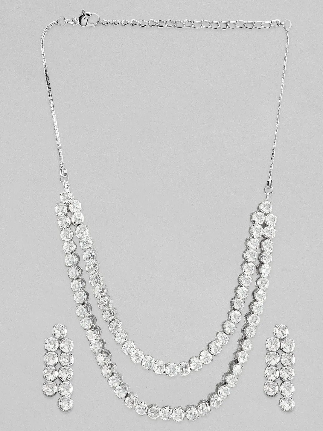 Rubans Silver Plated Layered Necklace Set With Studded American Diamonds