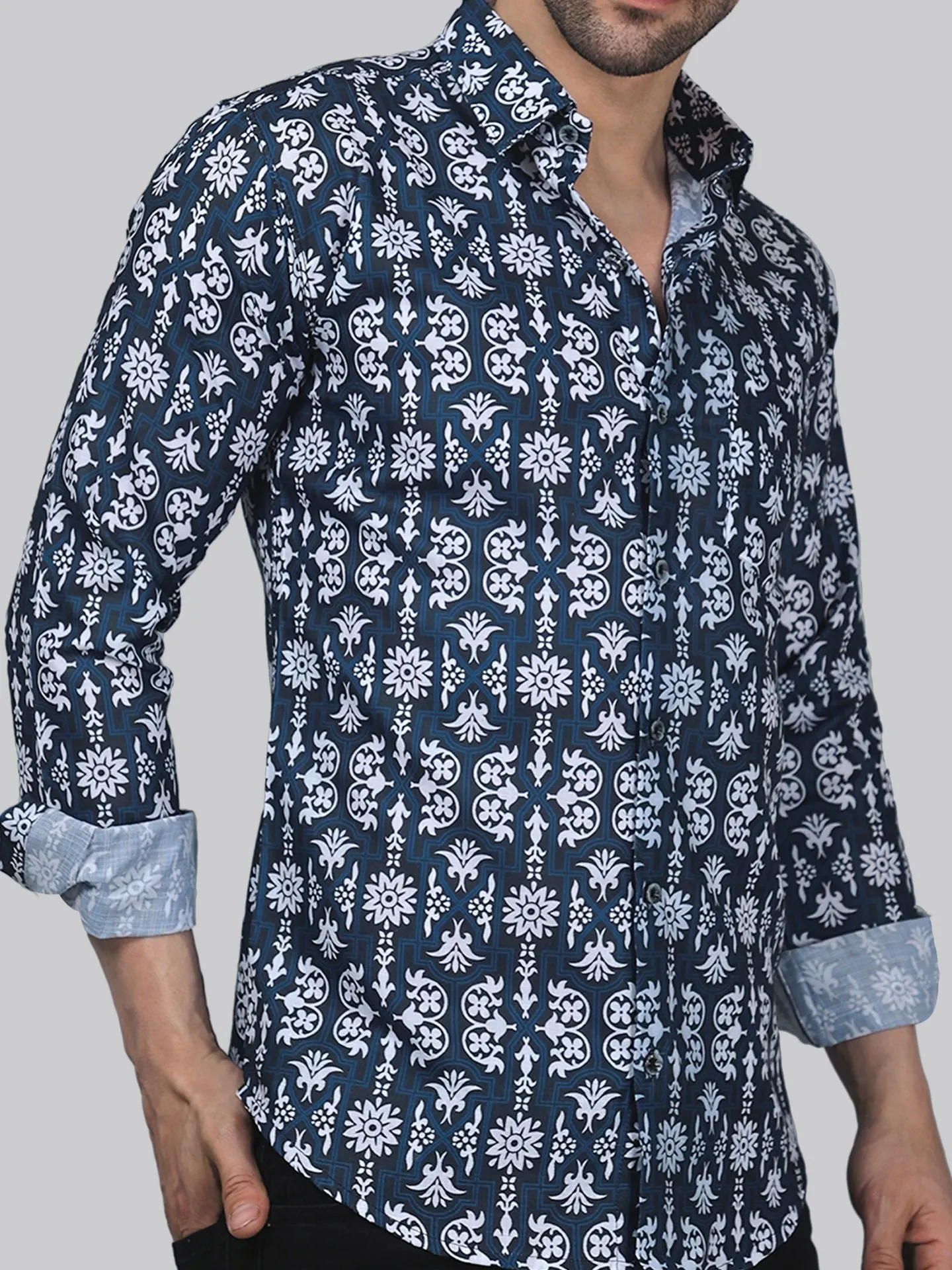 Serene Men's Printed Full Sleeve Cotton Button-Up Shirt For Men