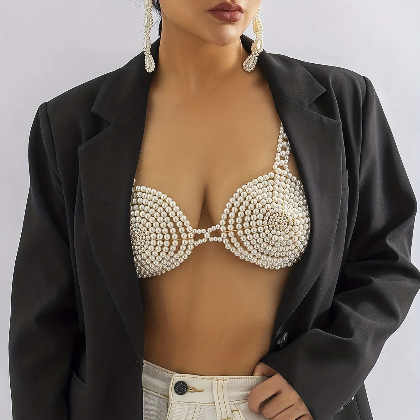 Sexy Bikini Party Bra Body Chain With Handmade Faux Pearls Beads Summer Beach Carnival Party Chest Chain Lingerie Decoration Chain